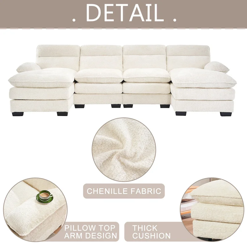U-shaped profile sofa, including two single seats and two chaise, modular sofa, Chenille sofa