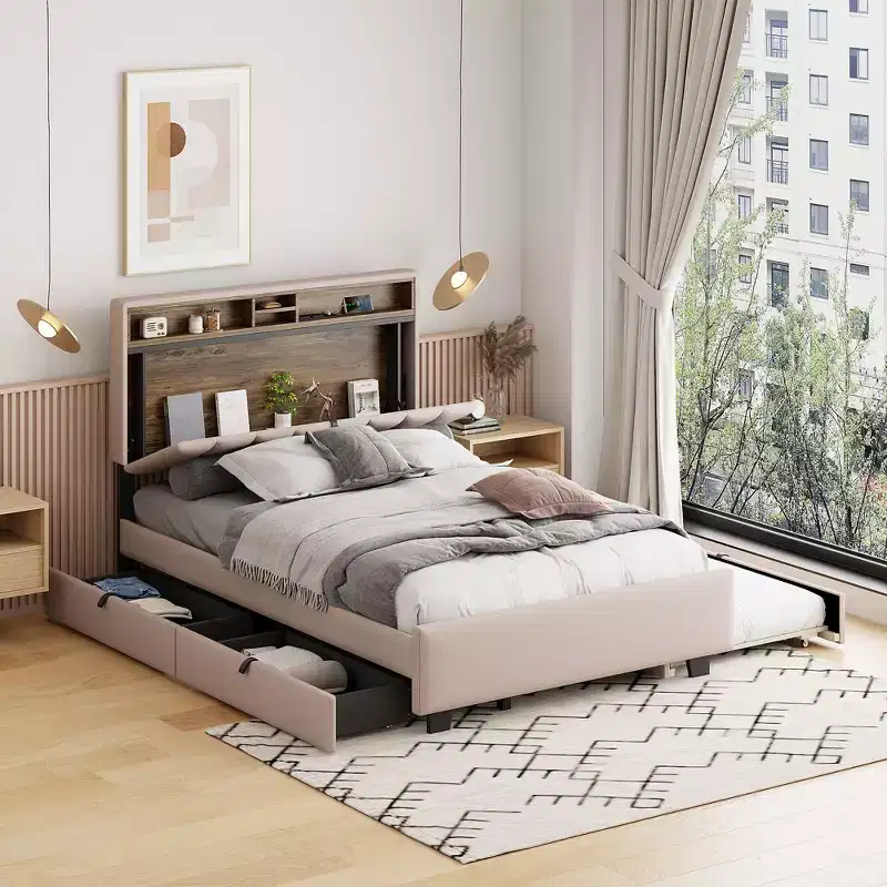 Full/Queen Bed Frame with Storage Headboard and Twin XL Size Trundle, Linen Platform Bed with 2 Drawers and Sockets & USB Ports