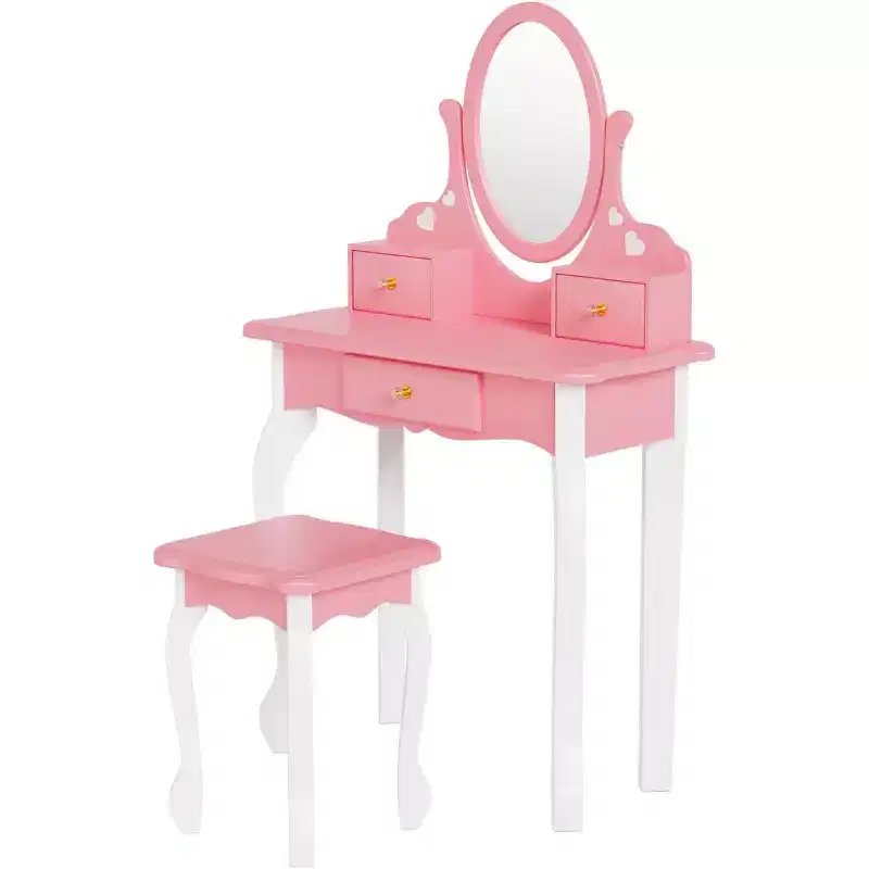 JOYMOR Kids Vanity Set with 360 Mirror, 2-in-1 Princess Makeup Table & Stool with Drawers for Girls (Pink)