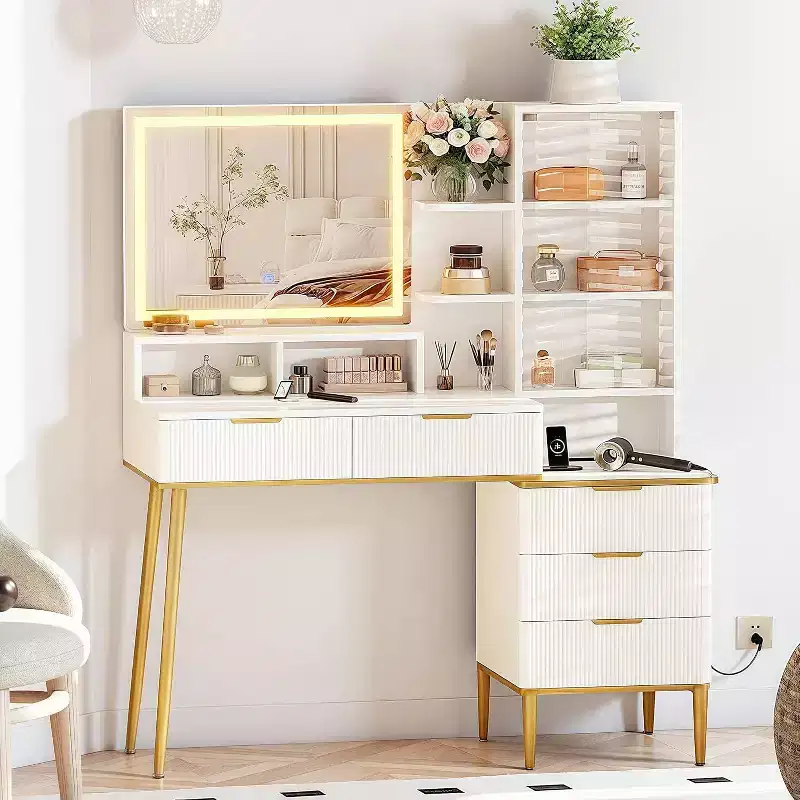 Acekool Fluted Vanity Desk with Mirror, 5 Drawers, Glass Shelves, Adjustable Lighting, Charging Ports, Bedroom Dressing Table, Wood color, 45 Inch