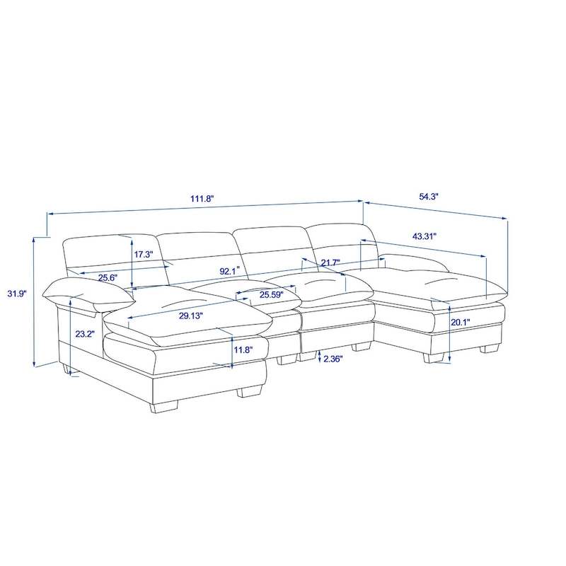 U-shaped profile sofa, including two single seats and two chaise, modular sofa, Chenille sofa