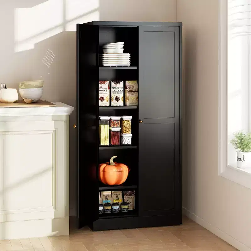 VIYET 61 Black Metal Kitchen Pantry Cabinet, 4 Adjustable Shelves 110lb Capacity, Heavy Duty Freestanding Organizer