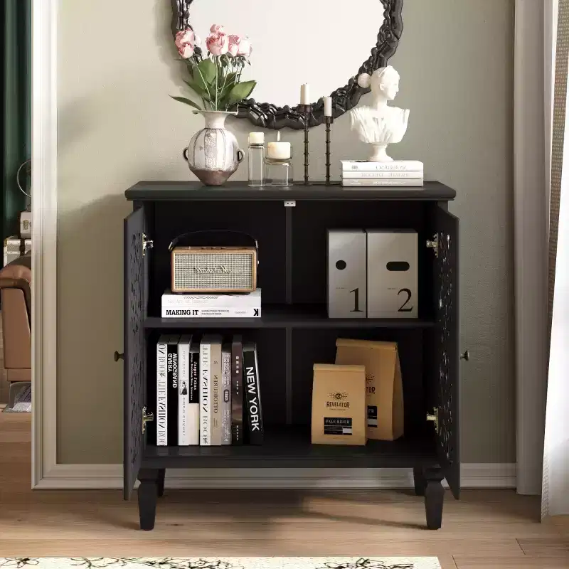 Vintage Display Storage Sideboard with 2 Hollow-Carved Doors, Elegant Accent Cabinet for Living Room, Entryway, or Small Spaces-Panipeachy