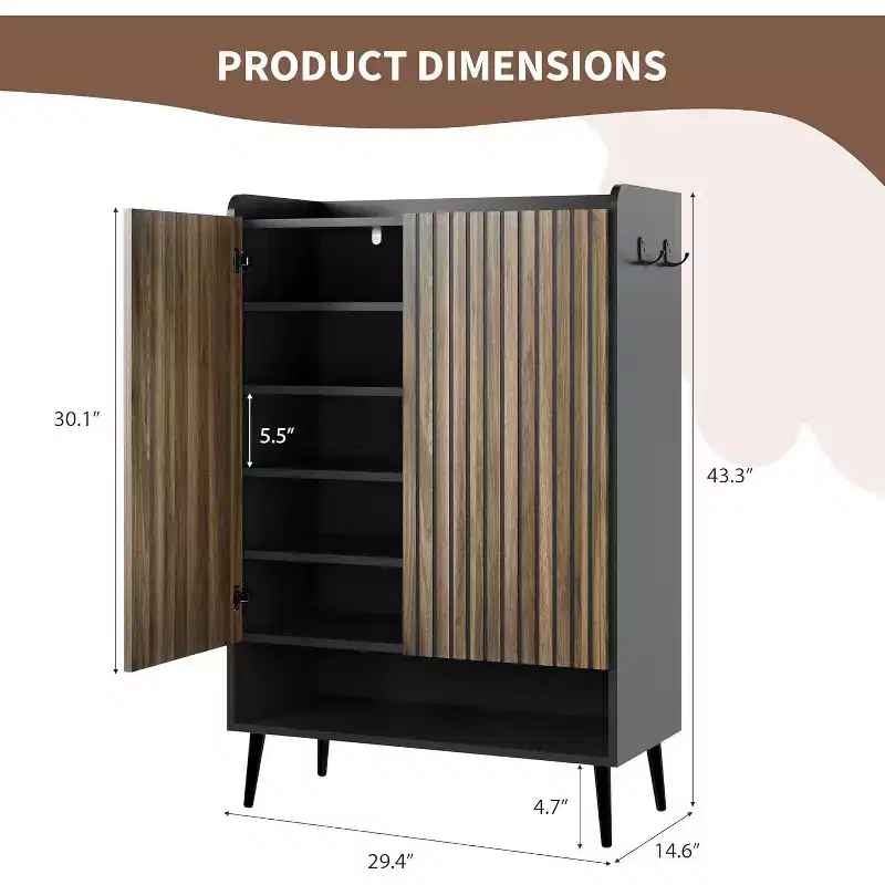 Large Shoe Cabinet with Doors, 6-Tier Shoe Organizer with Storage Hooks, Freestanding Entryway Storage