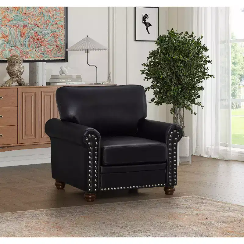 35.83 Inch Modern Faux Leather Single Sofa with Wood Legs for Living Room, Office, Apartment