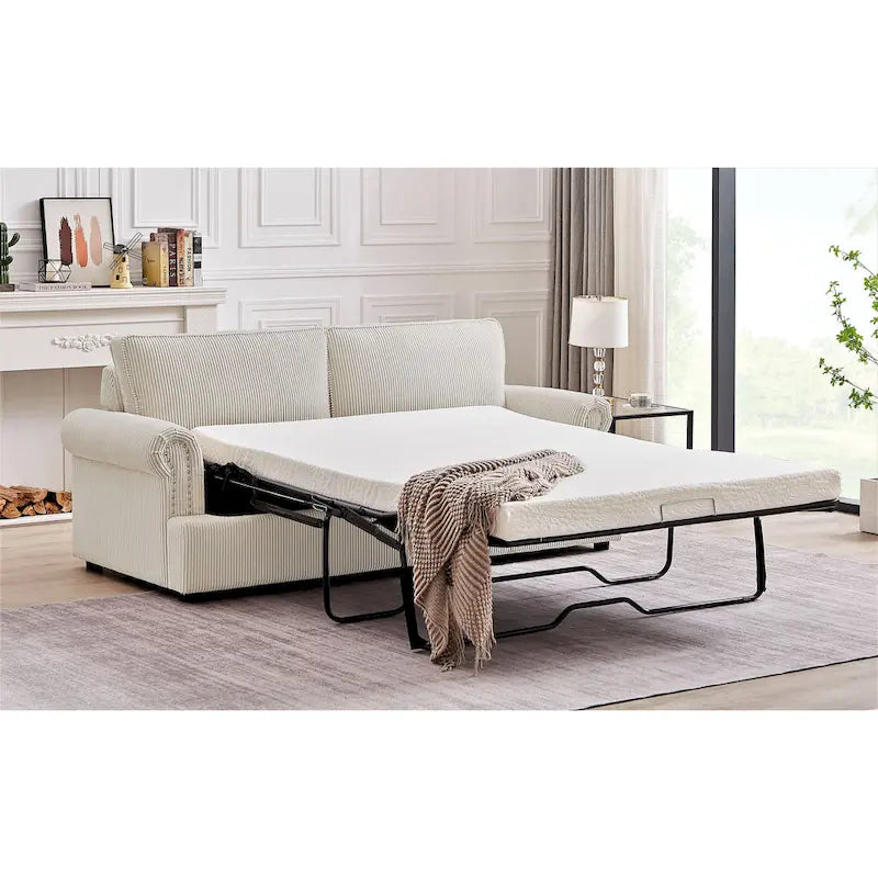 76-Inch Corduroy Sofa Bed with Round Arms and Pull-Out Queen Mattress