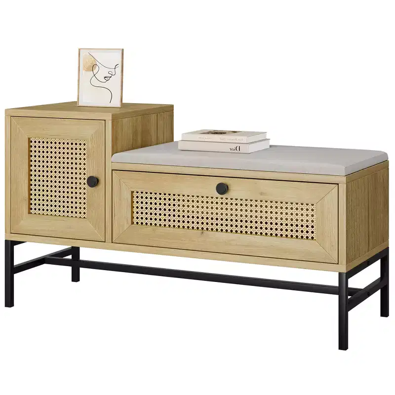 Rattan shoe bench with drawer wooden entryway storage bench with soft seat cushion and adjustable shelf three-layer shoe rack storage rack for hallway