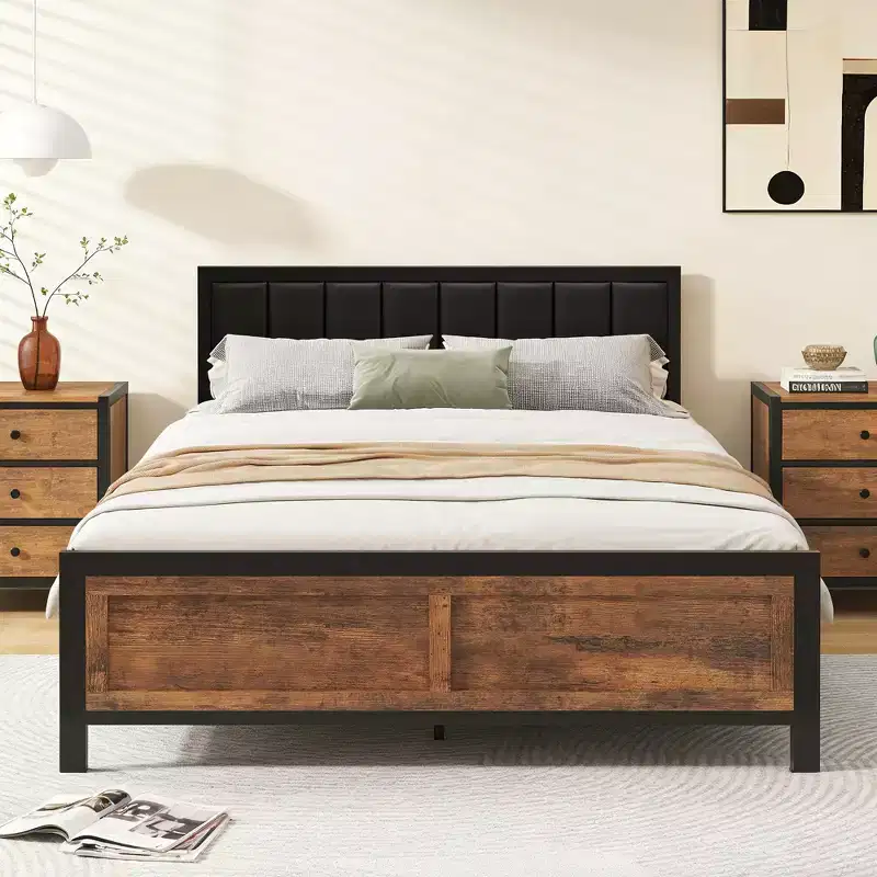 Dyonery Bed Frame with Upholstered Headboard,Metal Bed Frame with Footboard,Noise-Free,No Box Spring Needed,Easy Assembly
