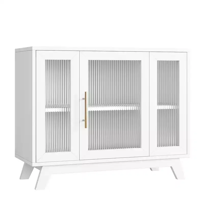 Buffet Cabinet with Storage, 36 Sideboard Cabinet with Fluted Glass Door, Retro Coffee Bar Station with Adjustable Shelf, White