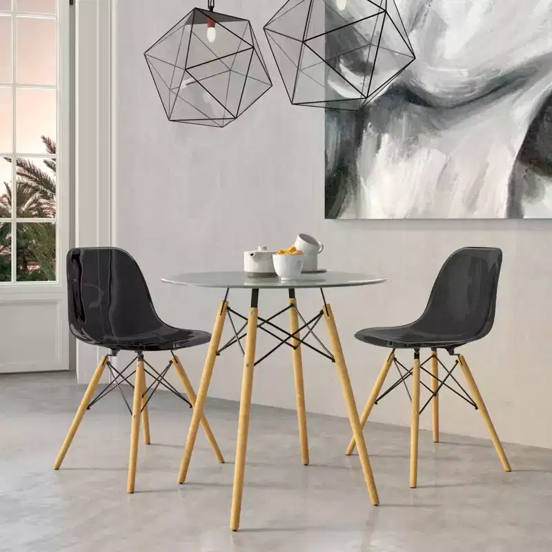 LeisureMod Dover 3-Piece Dining Set  31 Round Clear Glass Bistro Table with 2 Acrylic Chairs with Wooden Dowel Legs, Modern Kitchen, Dining Room