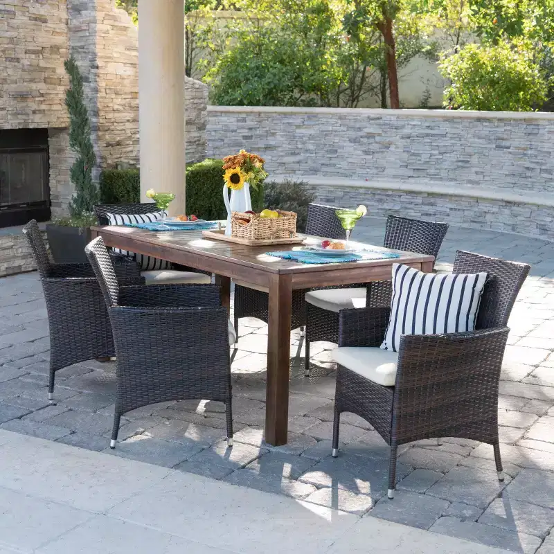 GDFStudio Taft Outdoor 7 Piece Acacia Wood and Wicker Dining Set with Cushion, Dark Brown/Beige