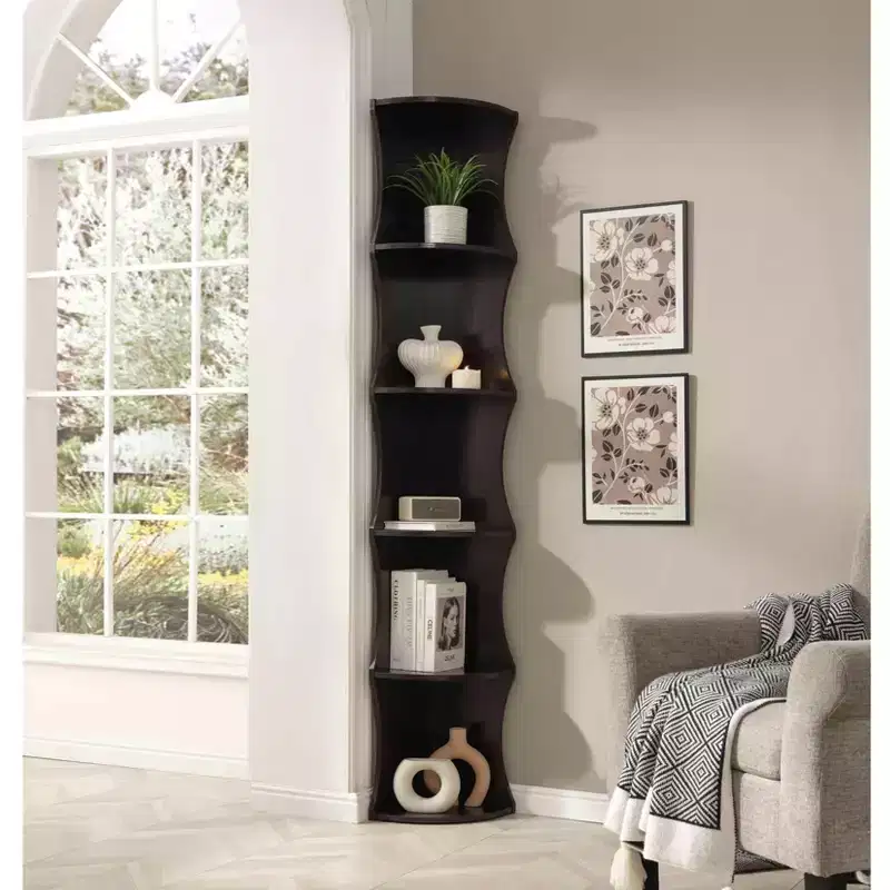 Okak Coner Bookshelf, Bookcase with 5 Open Rounded Shelves, Freestanding Storage Organizer for Living Room, Office, Espresso
