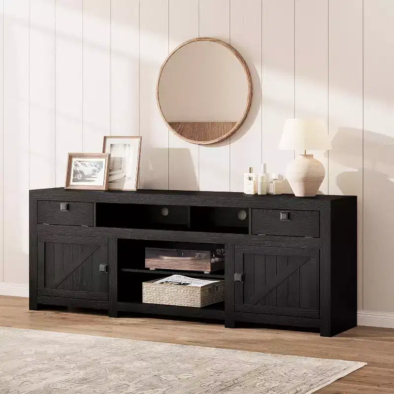 Farmhouse TV Cabinet, Entertainment Center with 2 Drawers, 2 Cabinets, and 2 Open Storage Spaces, for Living Room, Bedroom