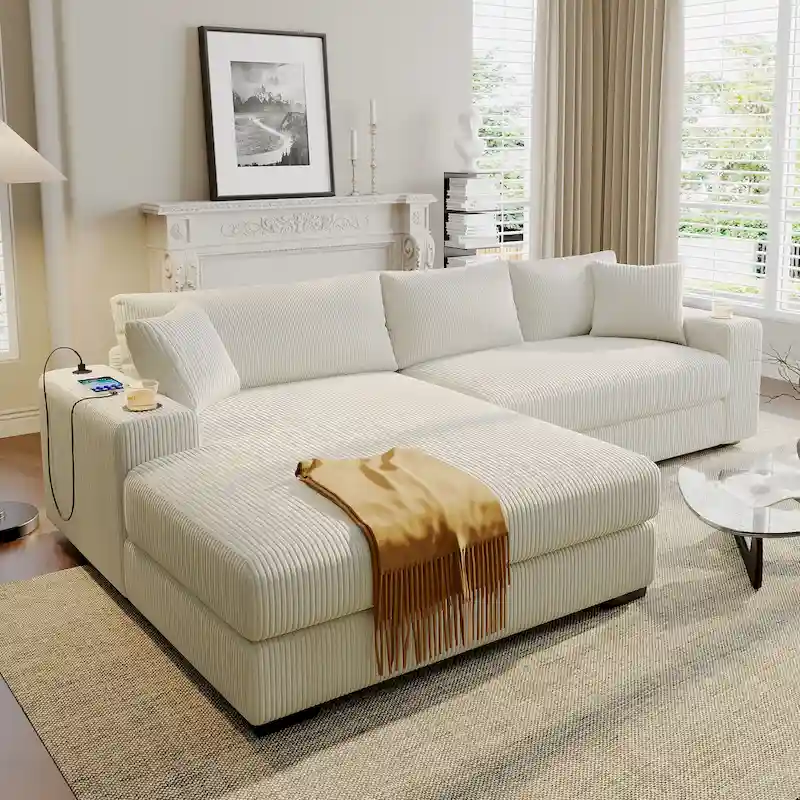 111-Inch Large Corduroy L Shape Sectional Sofa with Built-in Cup Holders & Charging Ports