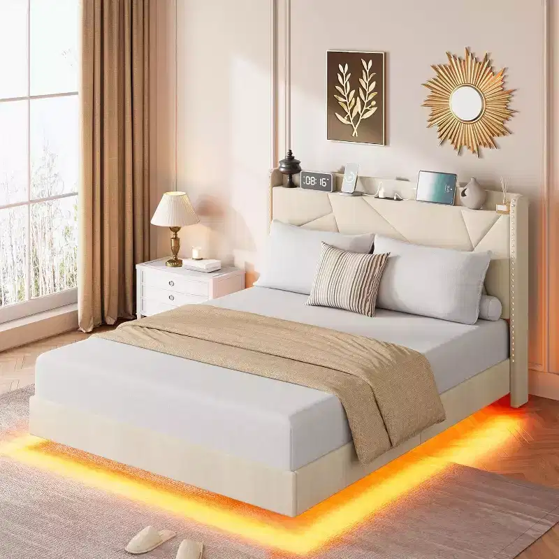 Floating Upholstered Platform Bed Frame with LED Lights & Charging Station