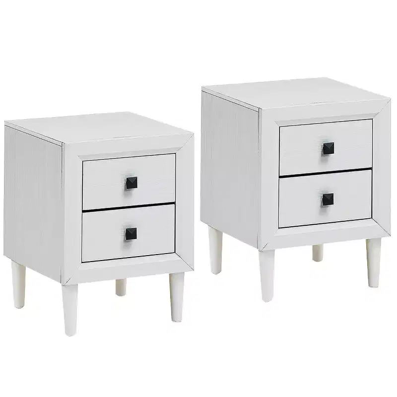 2 PCs Nightstand End Bedside Coffee Table Wooden Leg Storage Drawers White