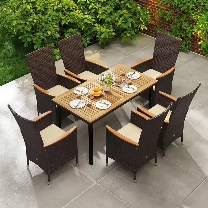 Gymax 7PCS Patio Wicker Armchairs Acacia Wood Table w/Umbrella Hole Cushions Outdoor Beige