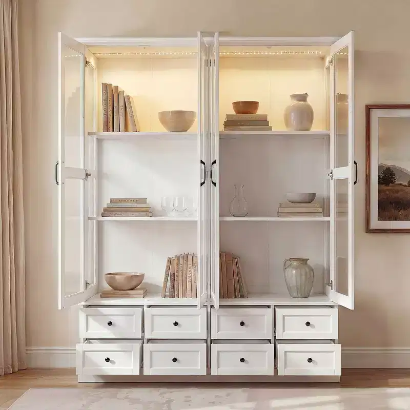 Famapy White Display Cabinet Bookcase: RGB LED Lighting + Drawer Storage + Glass Doors  Spacious Organizer for Living Rooms & Home Libraries