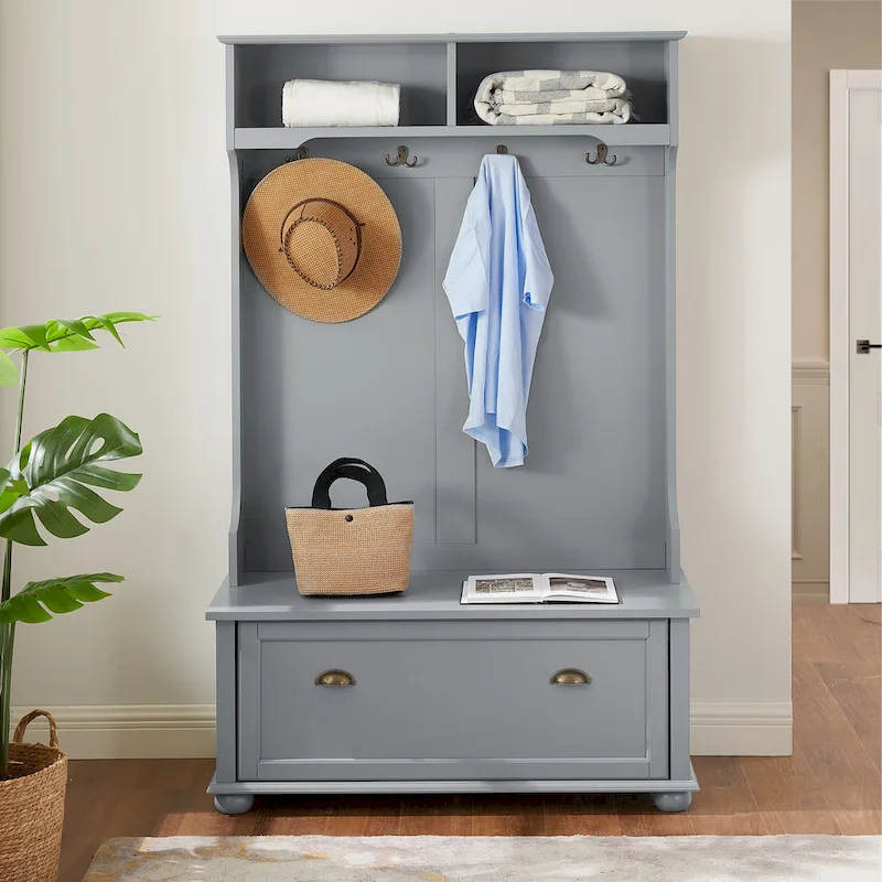 Coastal Style Hall Tree Entryway Bench with Shelves and Shoe Cabinets