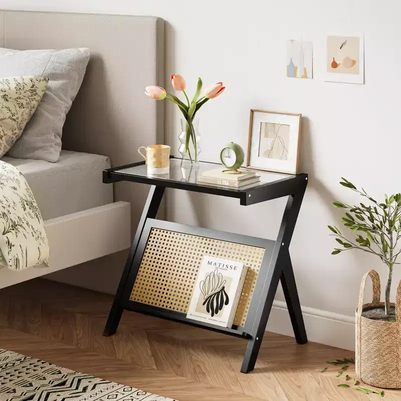 Z-Shaped Rattan End Table with Bamboo Frame & Tempered Glass Top