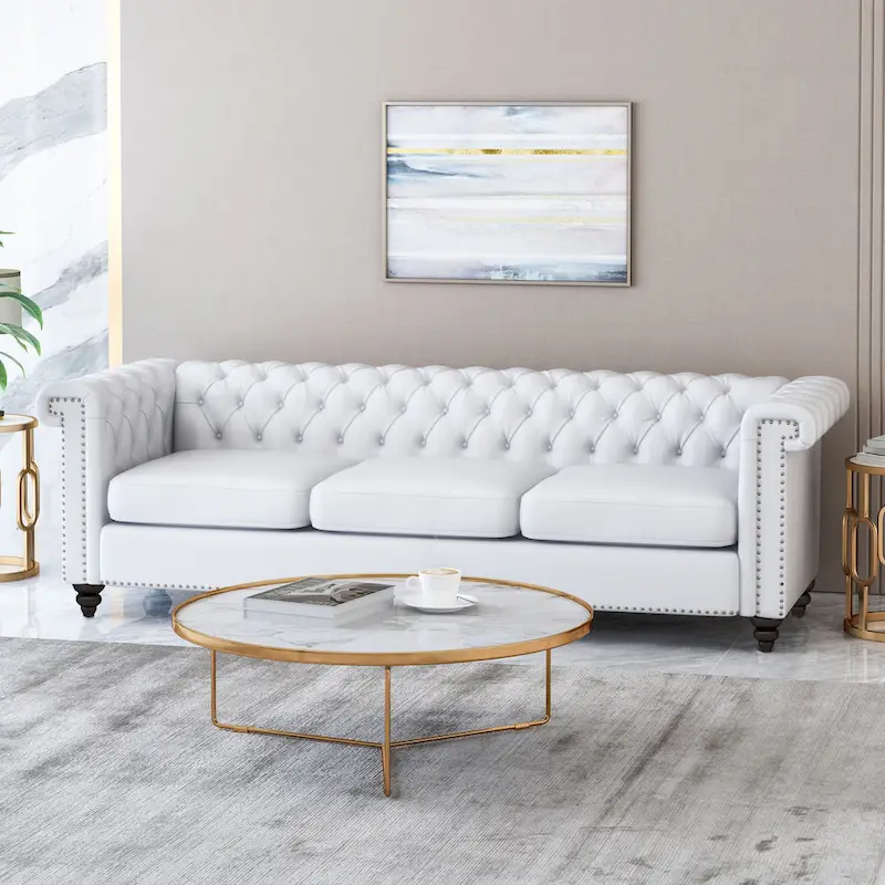White 83 Chesterfield Button Tufted 3-Seater Sofa with Nailheads and Legs