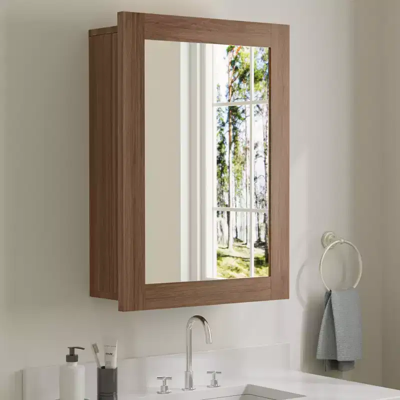 Bathroom Mirror with Storage Cabinet, Wooden Wall Cabinet with Mirror and Adjustable Interior Shelves