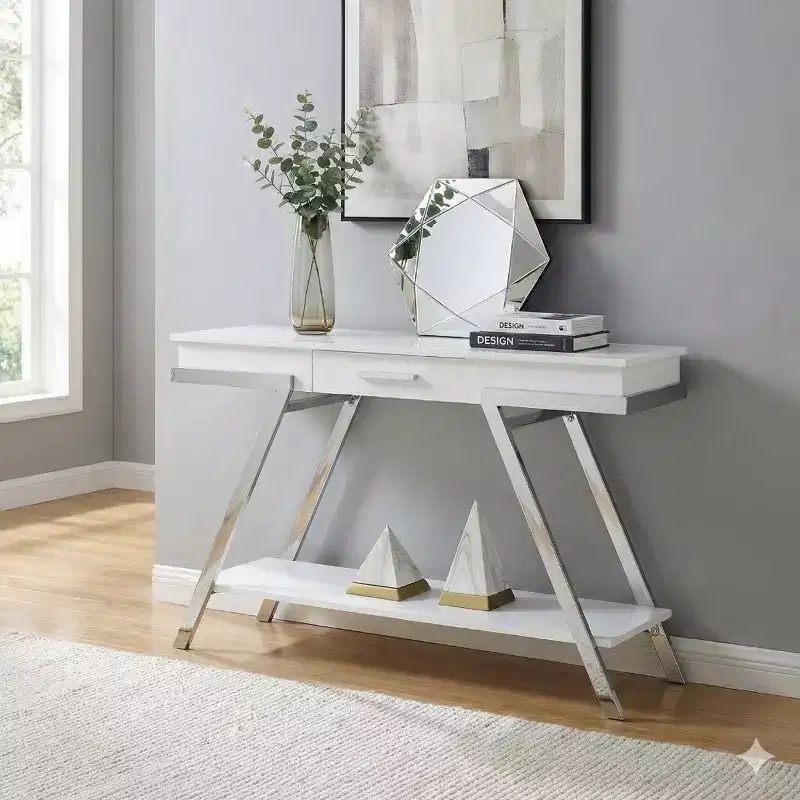 Royal Hampton 48 Inch Sofa Table, Open Shelf, Chrome Frame, High Gloss White Finish