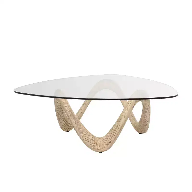 Cement Abstract Coffee Table with Abstract Wavy Base and Triangular Glass Top Beige