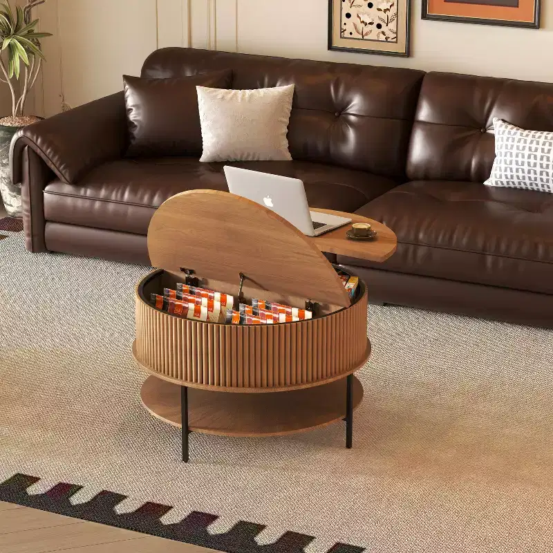 GDFStudio Lewis Rustic 31.5 Round Lift-Top Coffee Table with Hidden Storage