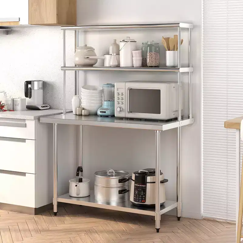 Costway Stainless Steel Table with Overshelves, 48'' X 24'' Work Table with 48'' X 12'' Shelf