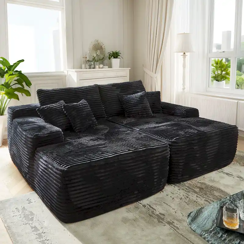 OVIOS Long Plush No Assembly Required Double Chaise Sofa