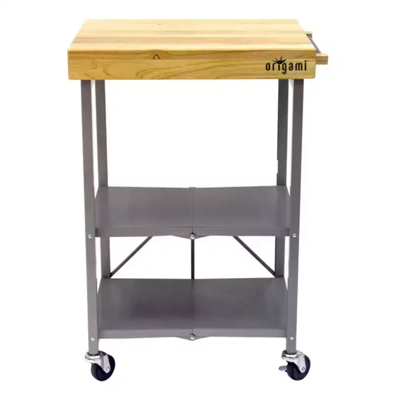 Origami Foldable Kitchen Island Cart, Wheeled Rolling Storage Cart with Shelves, Portable Prep Table for Kitchen, Dining Rooms, and Patios