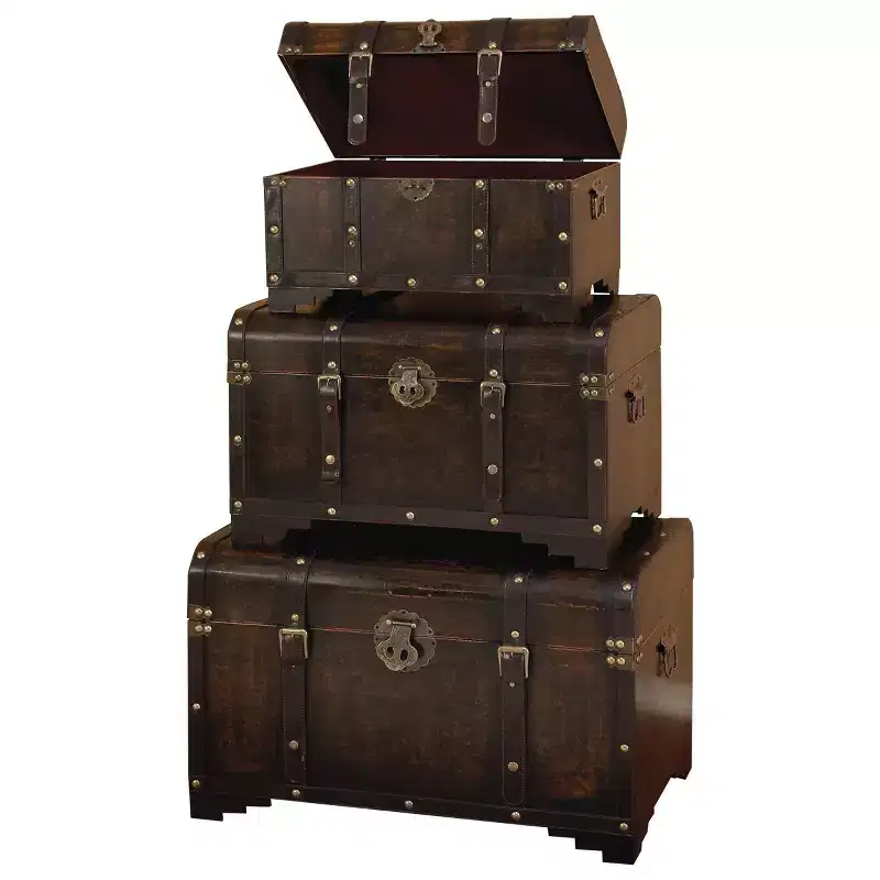 Set of 3 Traditional Wood Trunks Brown - Olivia & May: Distressed Finish, No Assembly, Decorative Storage