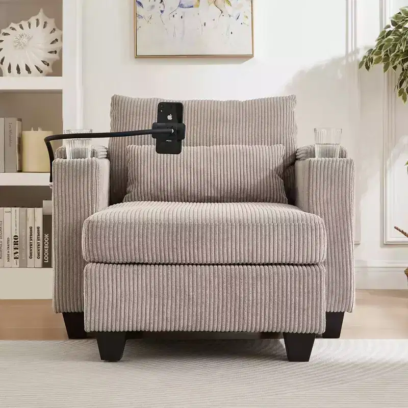 MAYEERTY Convertible Chaise Sofa Bed Corduroy Sleeper Sofa with Ports Cup Holders Ample Storage Space for Living Room Brown