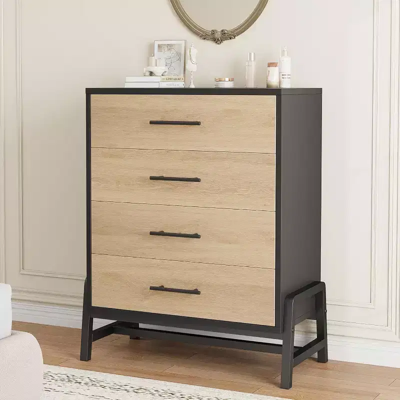 4-Drawer Tall Dresser, 38.6 Chest with Storage, Modern Wooden Dresser for Bedroom, Living Room, Entryway, Natural Oak + Black