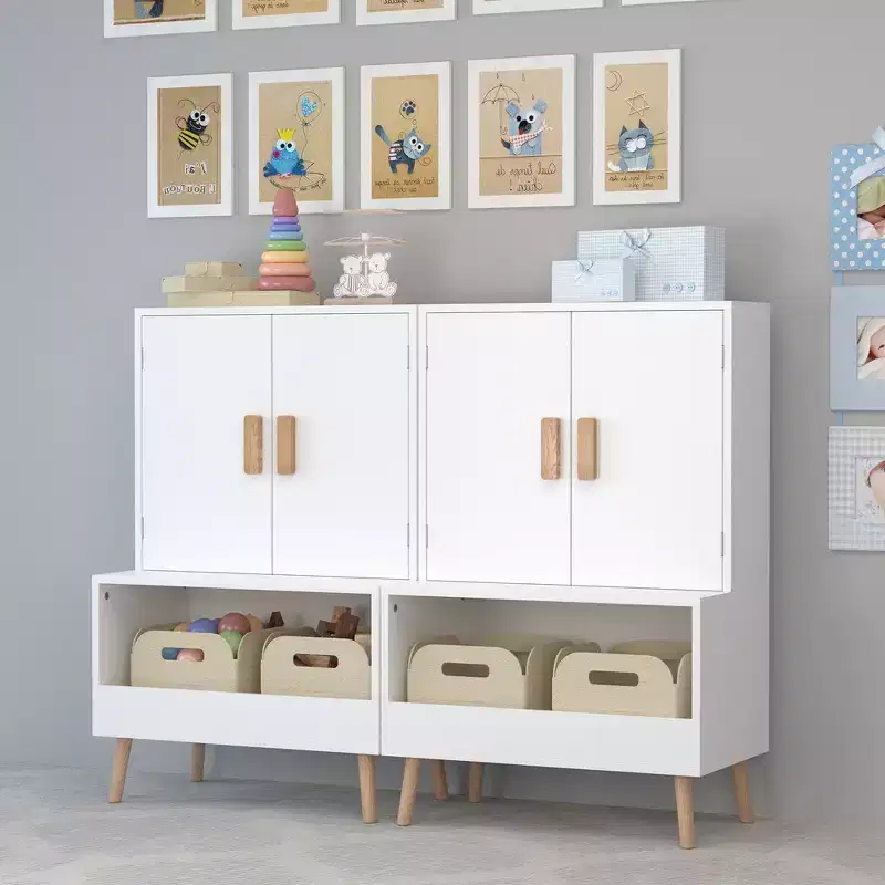 Whisen Kids Toy Storage Cabinet with Doors and Open Shelf, Modern Organizer with Natural Wood Legs - White