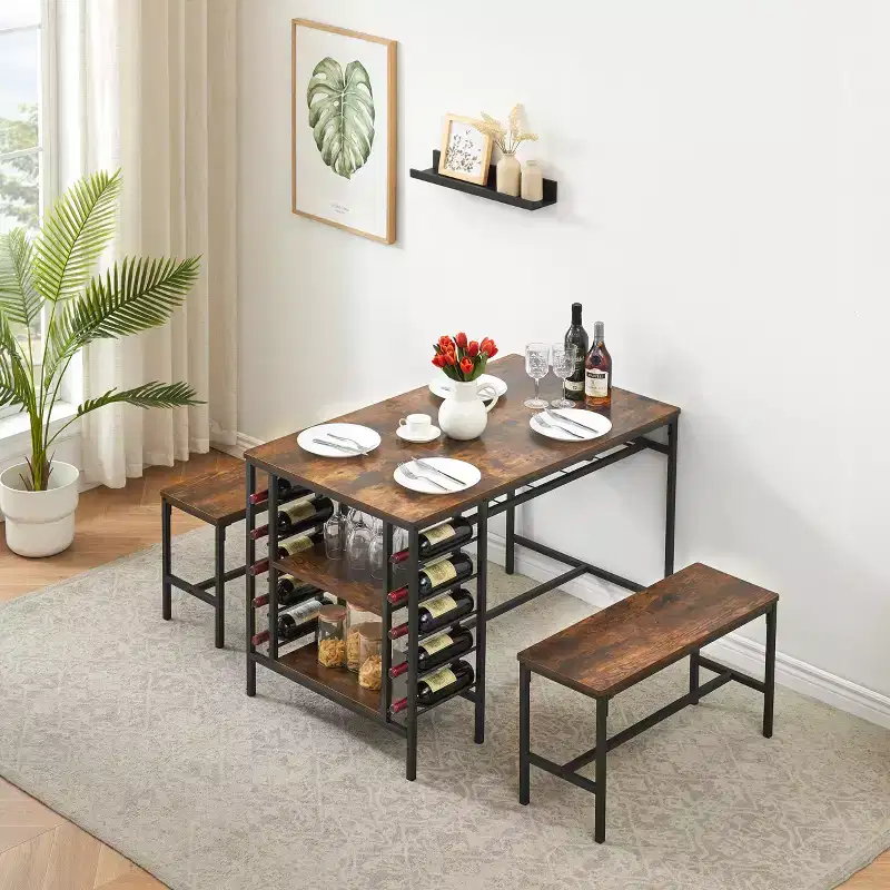 TRINITY Dining Table Set for 4, Kitchen Table Set for 4 with 2 Benches, Rectangular Dining Room Table Set with Wine Rack & Storage Shelves
