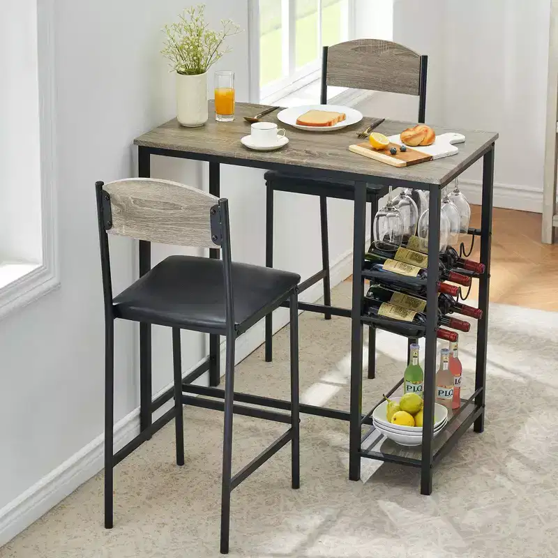 Bar Table Set for 2 with Footrest 2 Upholstered Chairs set for Counter Bar