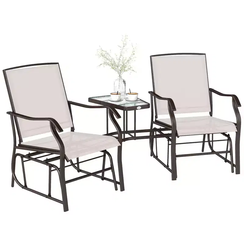 Outdoor Glider Chairs with Coffee Table, Patio 2-Seat Rocking Chair Swing Loveseat with Breathable Sling for Backyard, Garden, and Porch