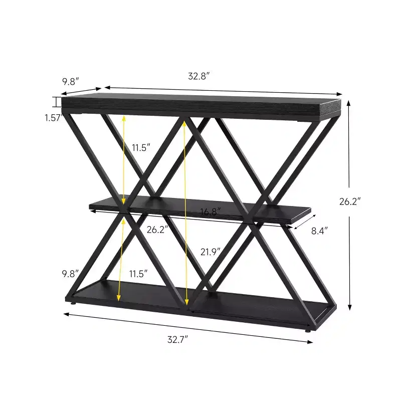 Slim 3-Tier Console Table with Open Storage Shelves  Rustic Farmhouse Entryway Sofa Table  X-Shaped Metal Legs  Space-Saving Living Room