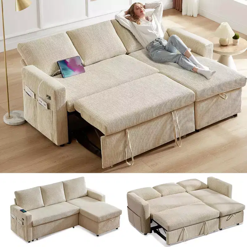 81 Sleeper Sofa Bed, L Shaped Sectional Couch with Pull Out Bed, Reclining Backrest, Reversible Storage Chaise, USB Ports
