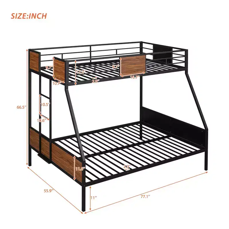 Twin over Full Metal Bunk Bed with Wood Grain – Safety Rail for Kids & Adults, Brown