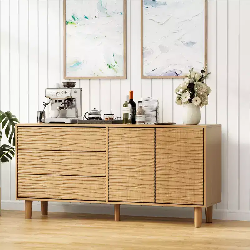 61 Mid-Century Modern Sideboard Buffet, Natural Wood Cabinet with 3 Drawers & 2 Doors, Undulating Groove Design with Adjustable Shelf