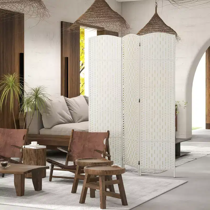 HOMCOM Room Divider, Folding Privacy Screen, 6FT Tall Portable Wicker Weave Partition Wall Divider for Bedroom, Home Office, White