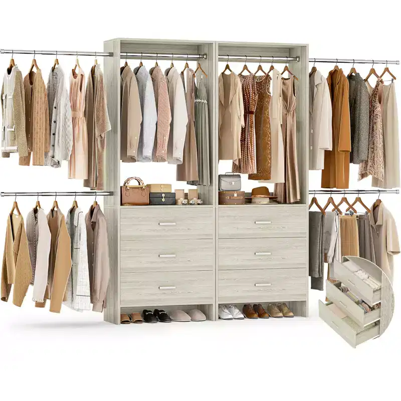 142-In Closet Organizer System with Extendable Hanging Rods, Wardrobe with 6 Wood Drawers