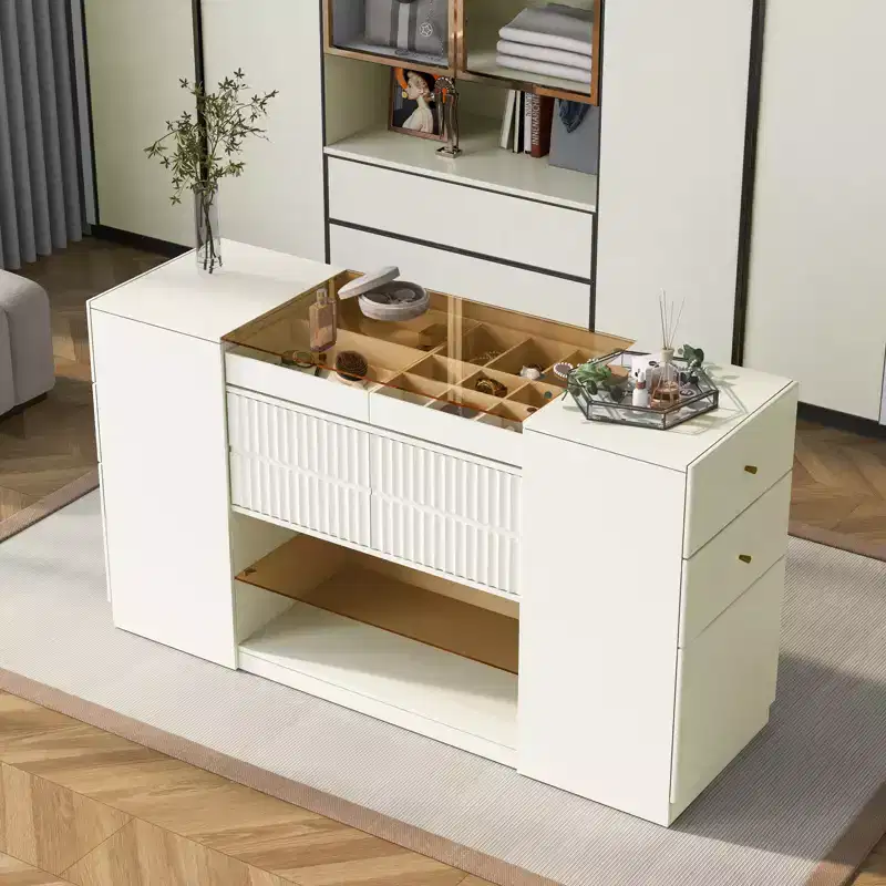 GDFStudio Ken Multi-Functional Island Vanity Dresser and Storage Cabinet with Glass Tabletop and Drawers