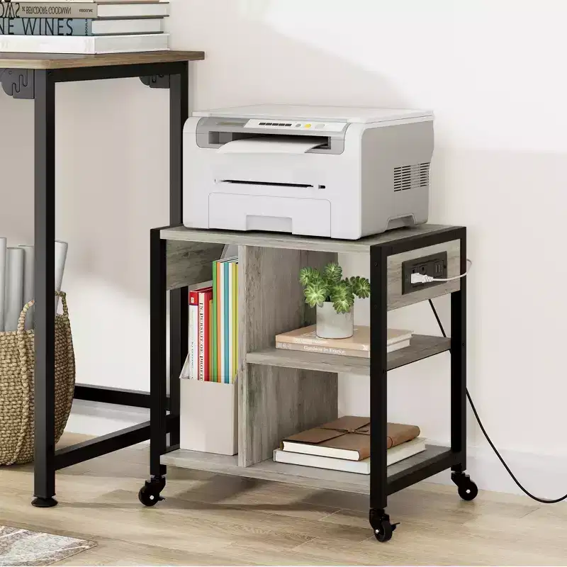 Under Desk Printer Stand, Industrial Printer Table with 3 Storage Shelves, Mobile Heavy Duty Printer Cart with Lockable Wheels, Home Office