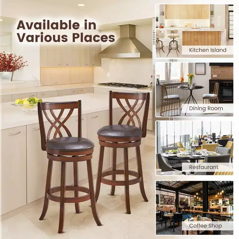 Costway Set of 2 Swivel Bar Stools Bar Height Dining Pub Chairs with Rubber Wood Legs