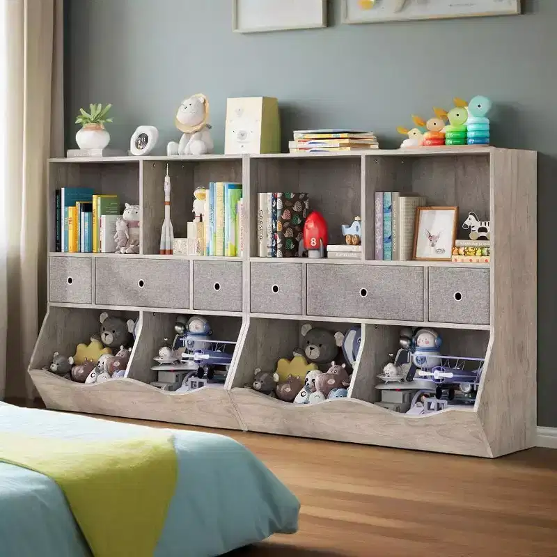 Acekool 7-Cubby Large Kids Toy Storage Organizer, 3-Tier Bookcase Cabinet with 3 Drawers and Tilted Bins for Playroom, Bedroom, Living Room, Gray