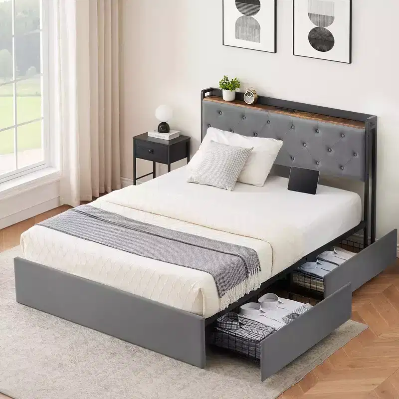 Full Size Platform Bed with Charging Station, 4 Storage Drawers, Gray Velvet Upholstered Headboard